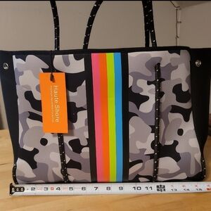 Haute Shore Gray Camo Neoprene Tote with Rainbow Stripe